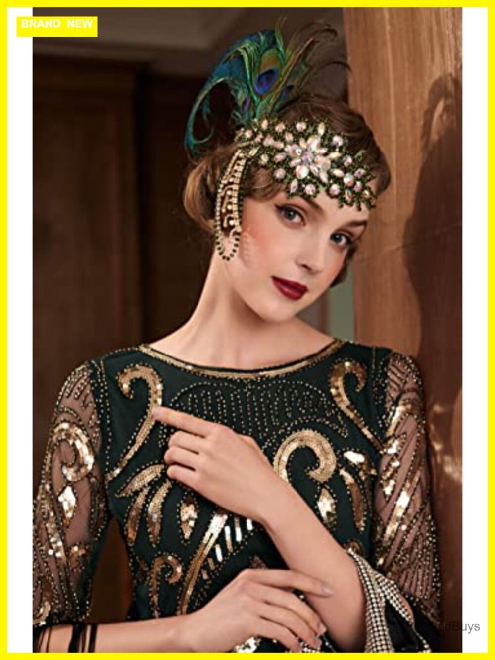 Flapper Feather Headband with Crystal Rhinestone Chain - Picture 3 of 4